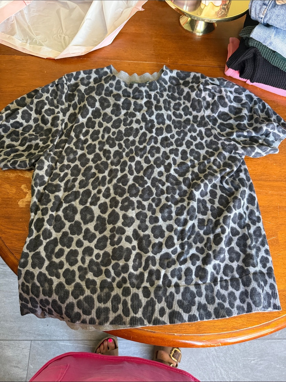 Terra & Sky Grey and Black Leopard Print Short Sleeve Sweater